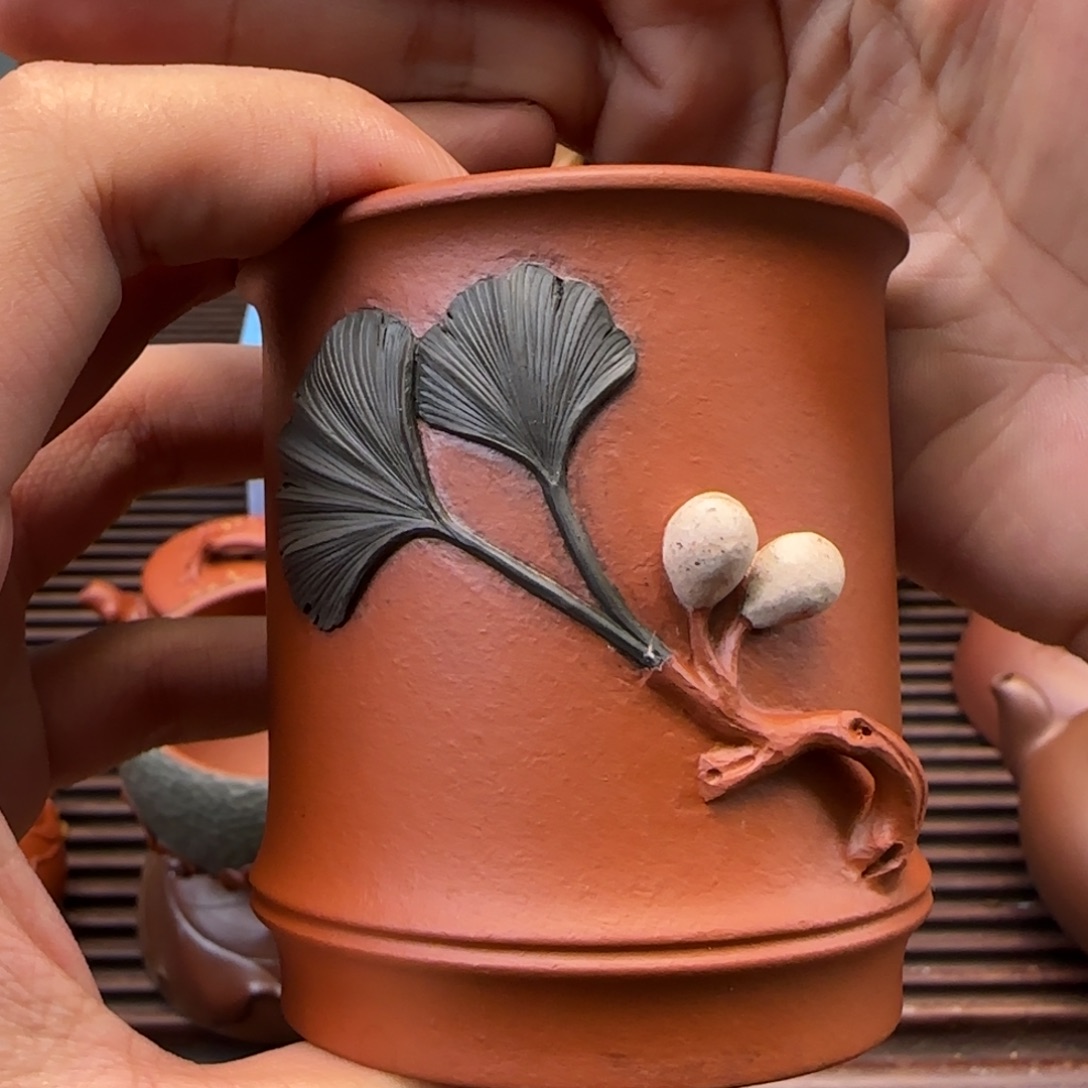 茶盏全手贴花银杏白果