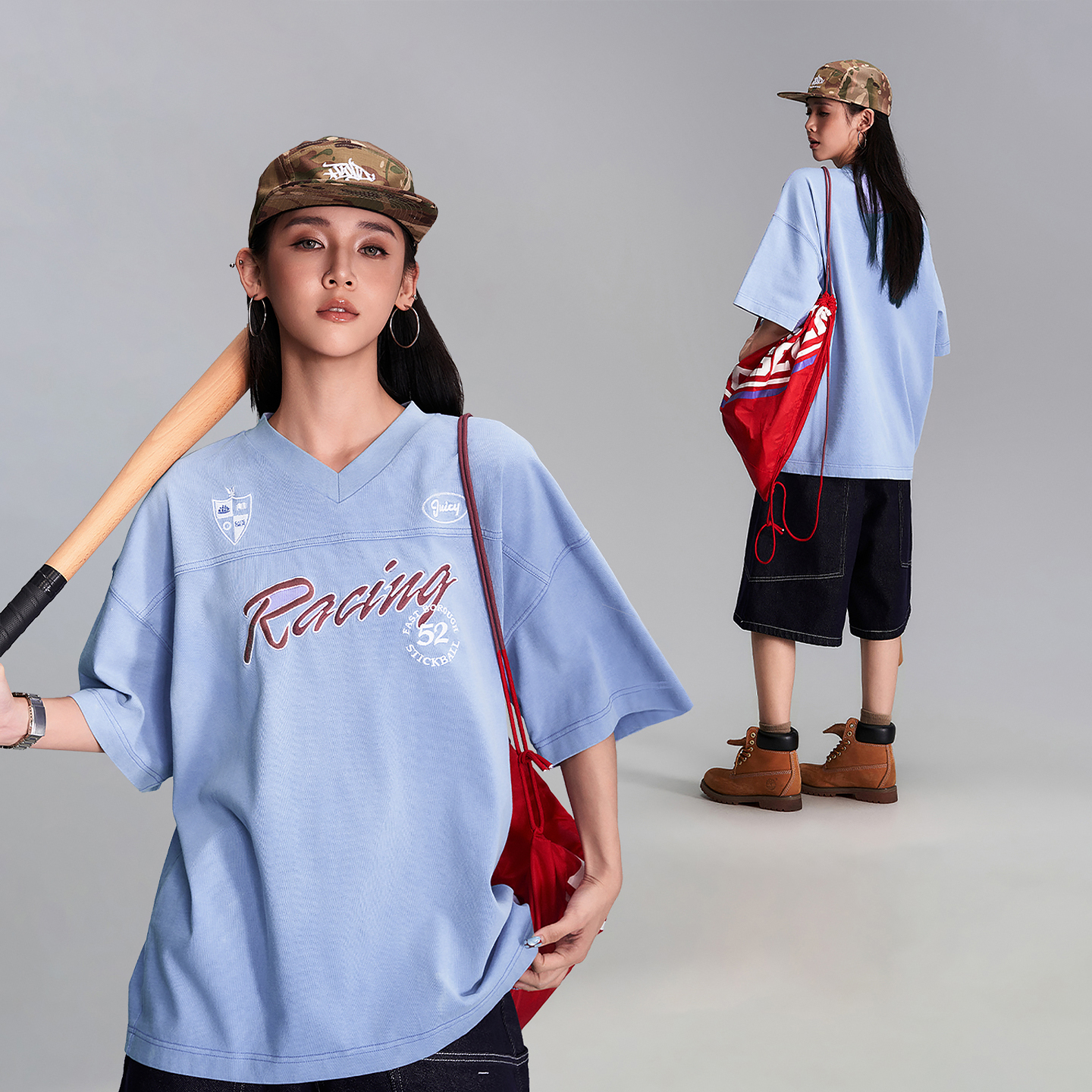 杨九七 夏季美式复古发泡印花撞色拼接休闲宽松短袖中性T恤7668