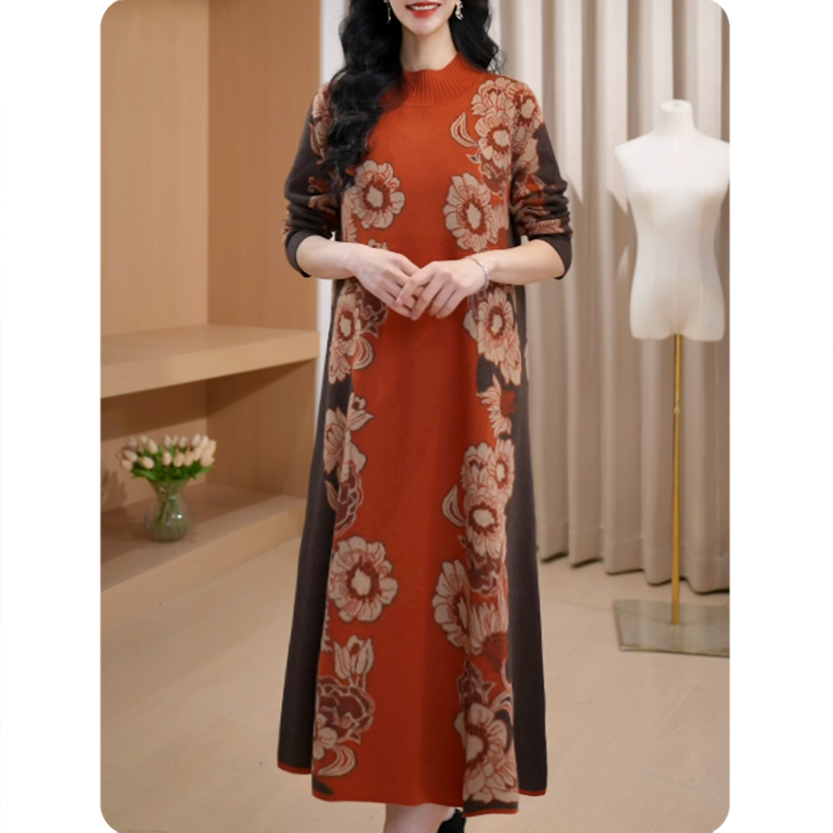 [ZL4]丛花女士宽松连衣裙中长款毛衣裙气质休闲女装6L0224115-4