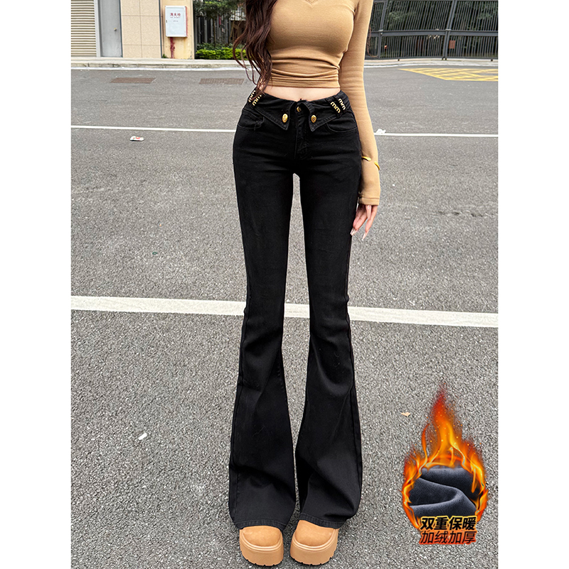 小众翻边字母加绒微喇牛仔裤女2025冬季新款黑灰色高腰显瘦长裤