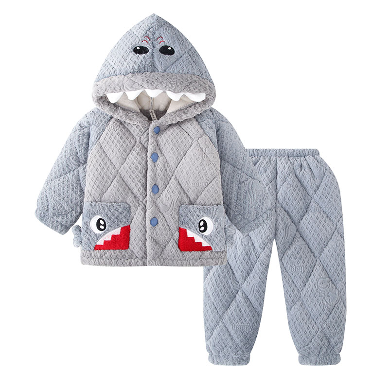 冬季儿童牛奶绒加绒加厚款睡衣男孩连帽外套可外穿男童家居服套装