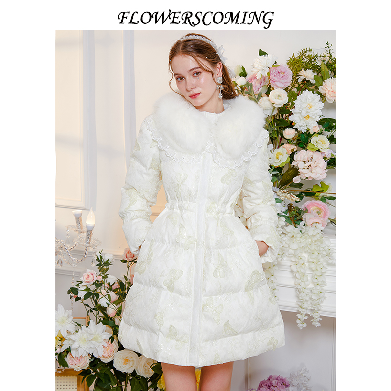 花儿开了2025冬季新款蕾丝刺绣毛领保暖中长款外套女