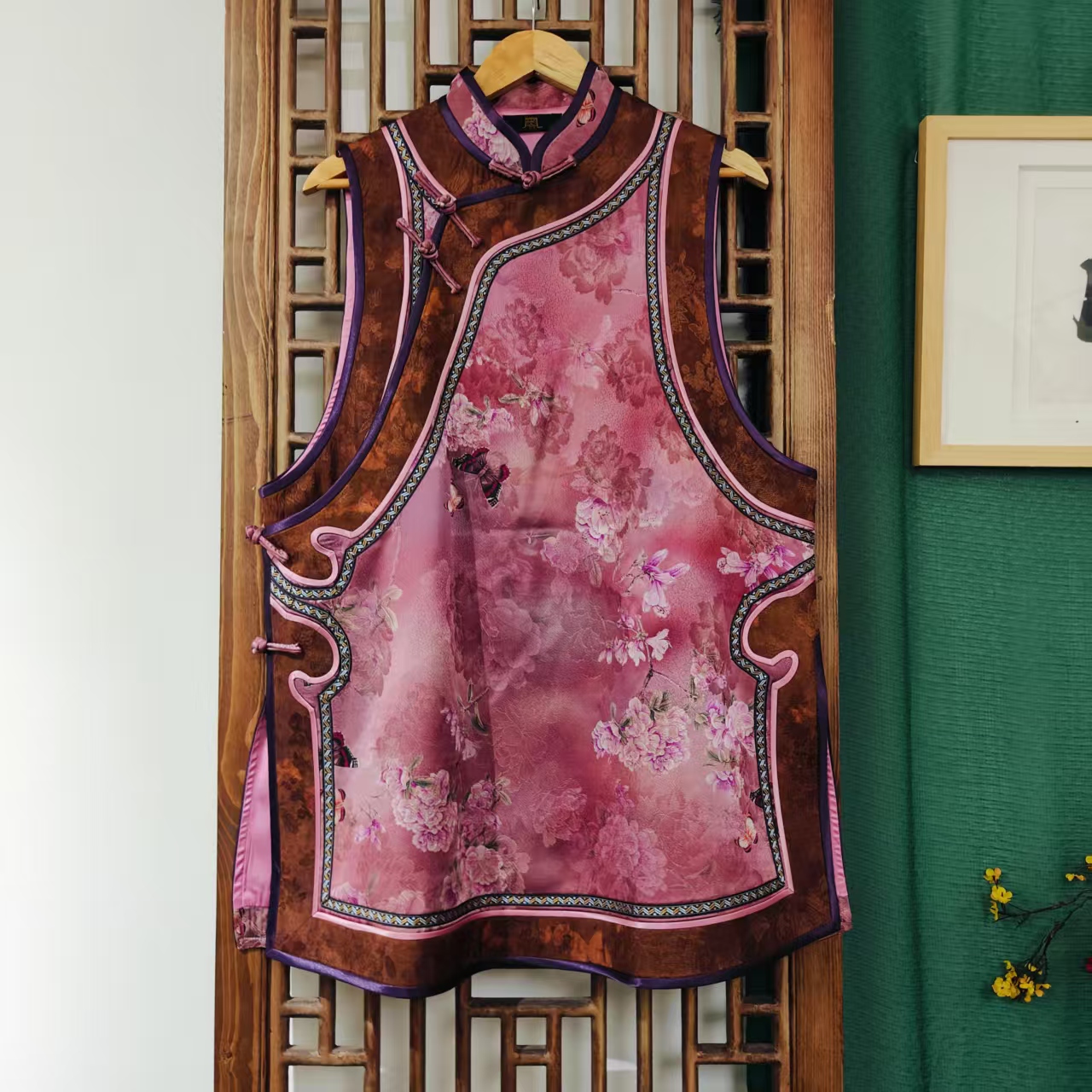 （LS501-2）凤徕兮私人定制粉紫色蝴蝶花香香拼咖色如意边盘扣马甲