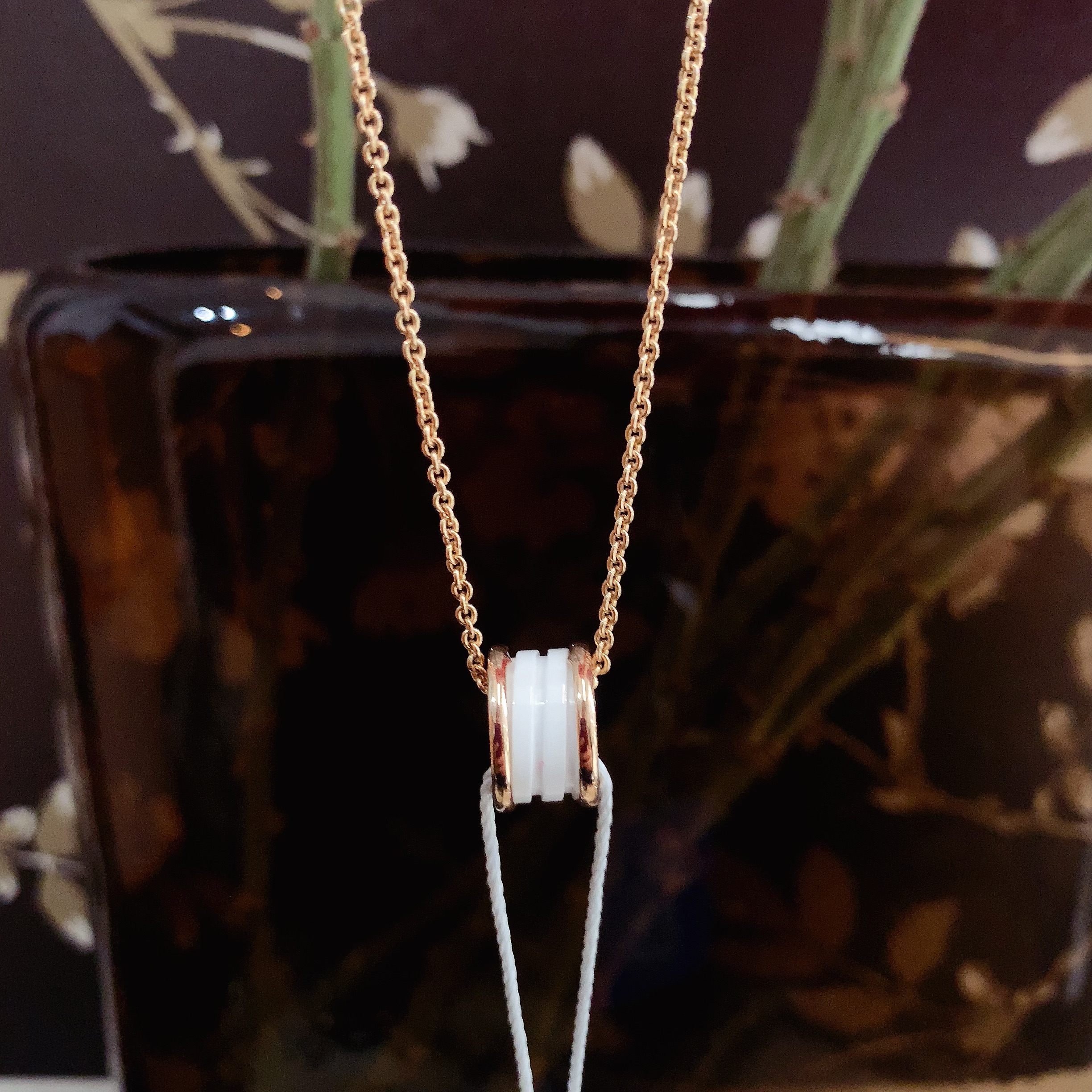 99新 BVLGARI/宝格丽 白陶瓷弹簧项链 4扣/18k玫瑰金/45cm