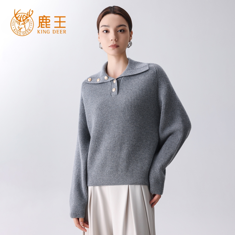 【设计师款】鹿王女时尚大翻领100山羊绒元宝针套衫 加厚 G24138