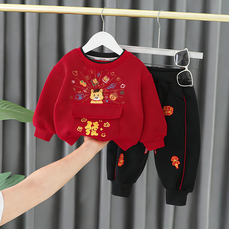 拜年服男童装女童加绒套装1-2-4岁半儿童冬天衣服小孩过新年童装