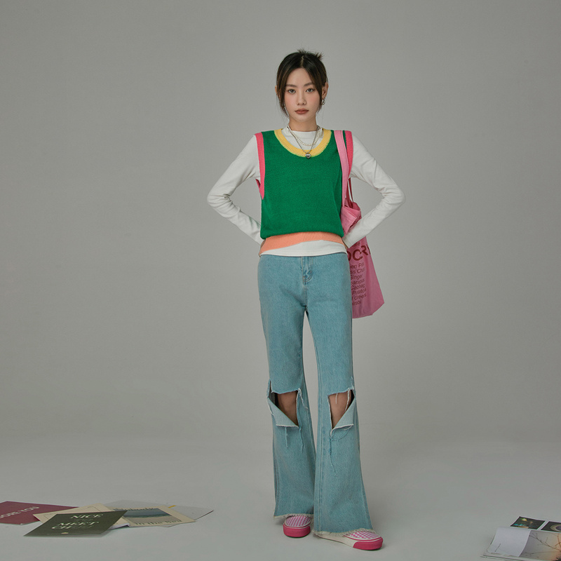 4202【金拐子专属】CHUU拼色修身针织马甲背心-F