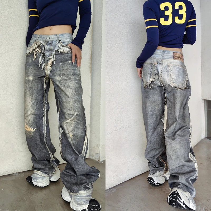 Glacier「立体刀割破坏」炸街潮款1981拼接假两件3D打印直筒牛仔裤