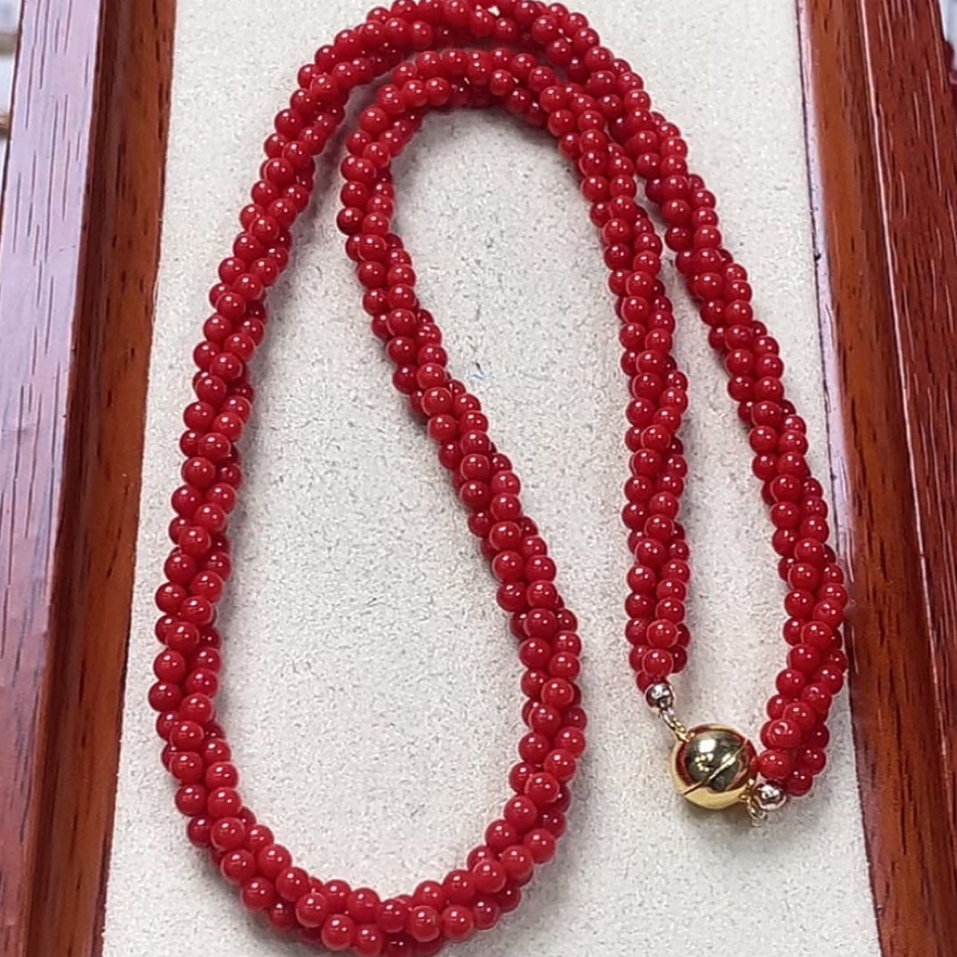 天然红珊瑚卡西卡圆珠三股麻花项链
