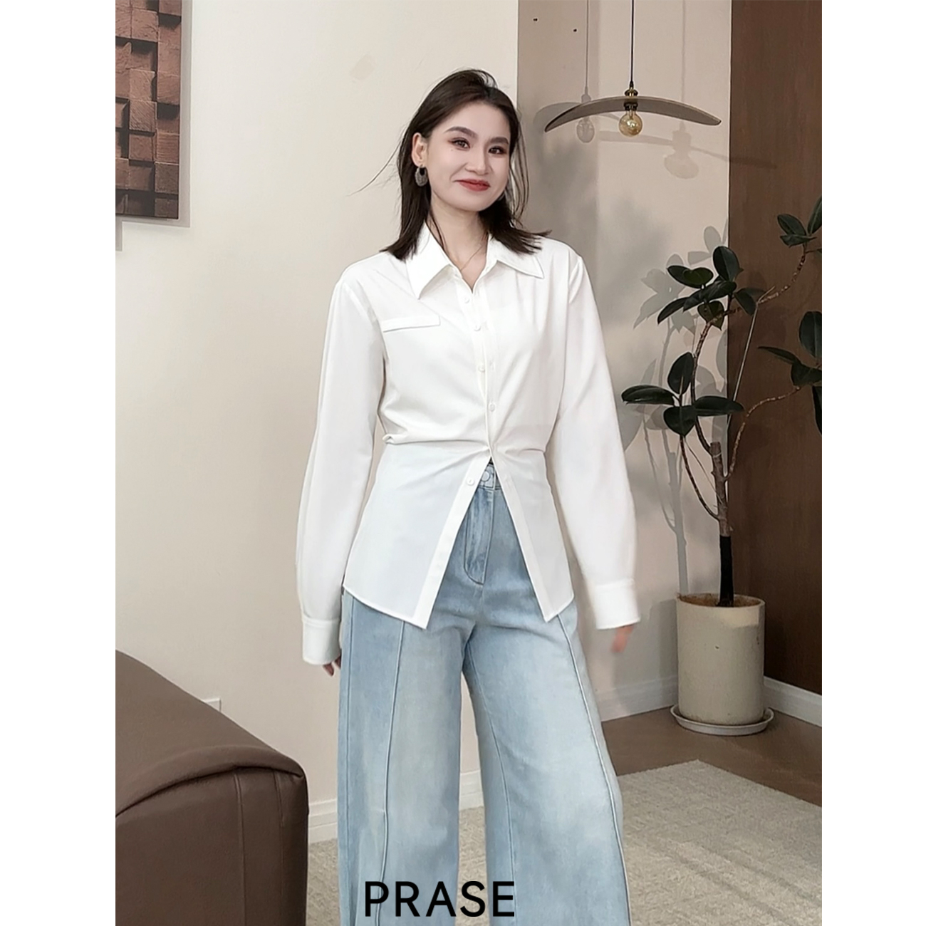 PRASE·噜【通勤必备】微胖轻奢设计款秋女简约气质收腰衬衫PR507E02