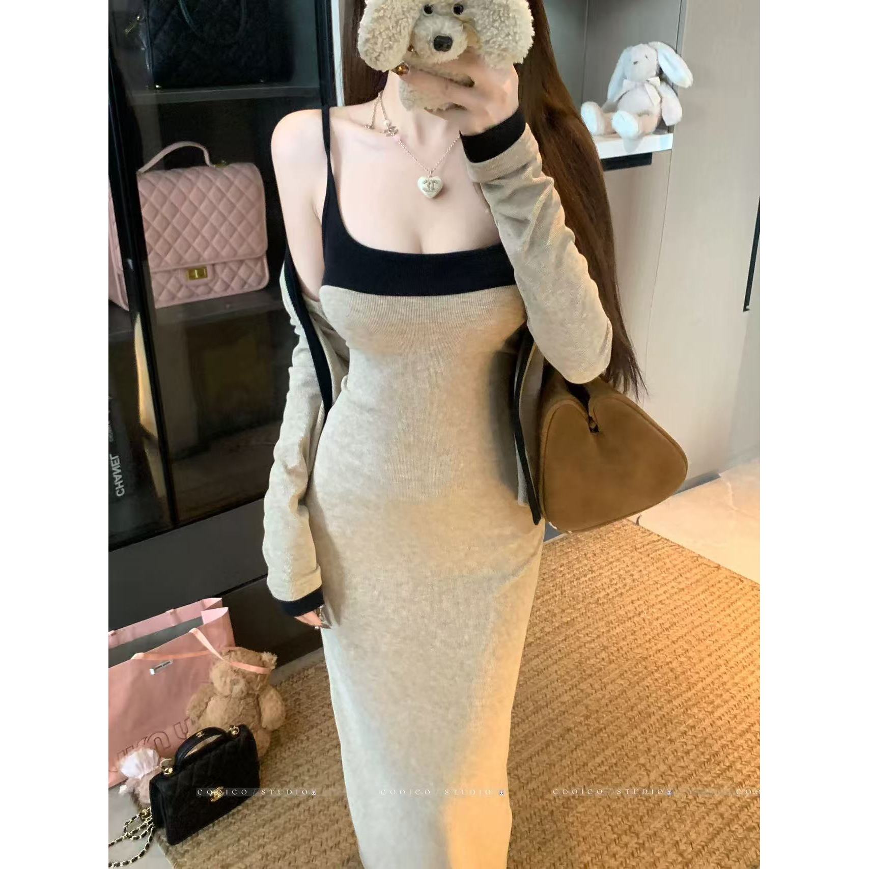 （伊宝贝）【假日狂想】秋法式优雅针织外披气质连衣裙两件套9297