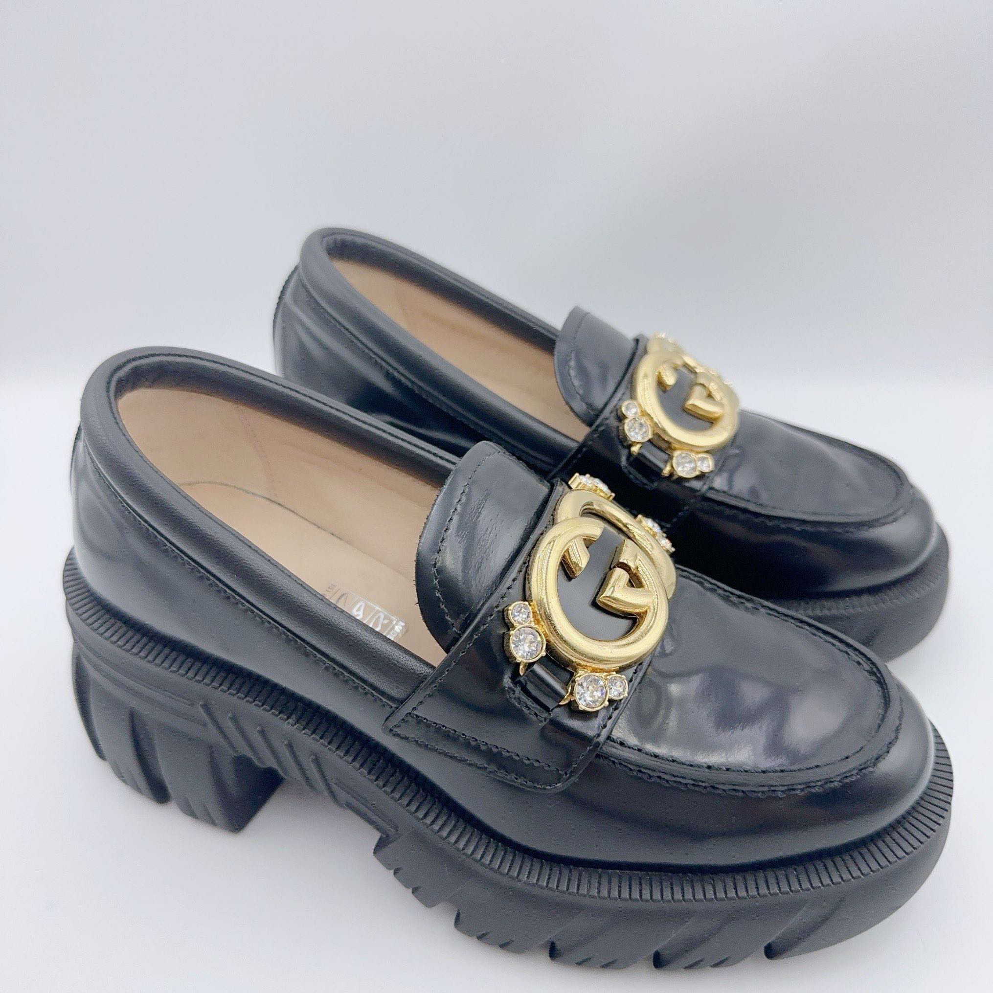 99新 GUCCI/古驰 35码/黑色厚底乐福鞋/01730