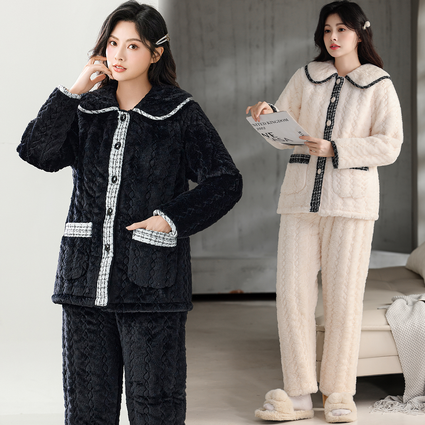 睡衣女冬季三层夹棉加厚保暖加绒居家服适穿温度穿温度(-5℃~10℃)