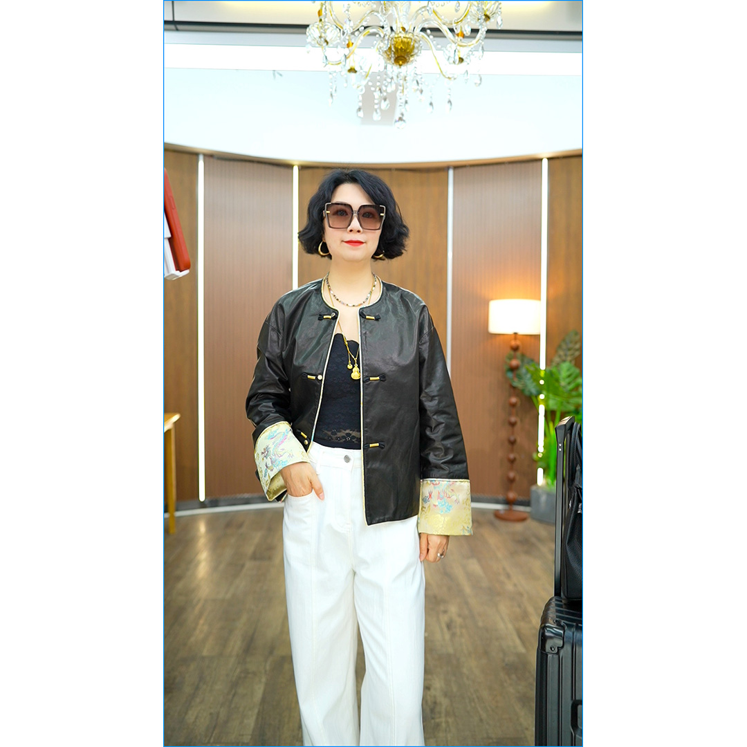 新中式国风拼接真皮皮衣夹克女短款小个子黑色时尚休闲外套秋季