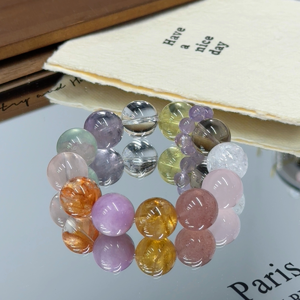 价158拍2发1多宝-胶花黄塔晶草莓晶荧石白阿塞茶晶粉水等设计款