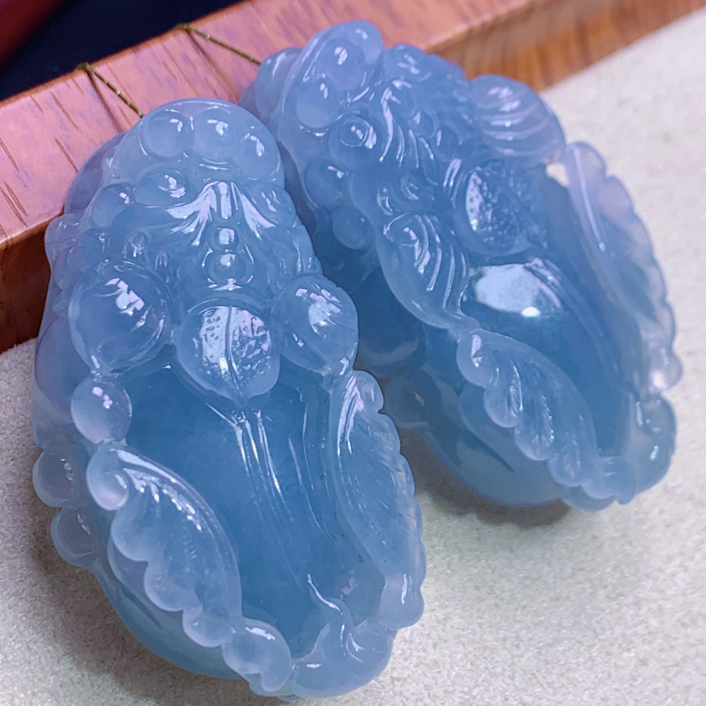 天然缅甸A货翡翠冰胶紫罗兰貔貅吊坠一对j卡4121.6/11.3mm配证@zh