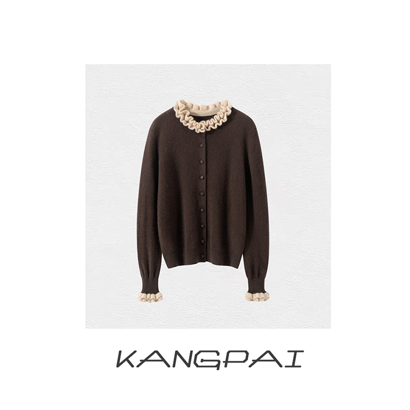 【千金玛奇朵】100%纯羊毛开衫复古包扣木耳领秋冬新款圆领毛衣外套