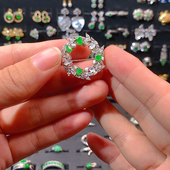 翡翠戒指银S925镶嵌胸针