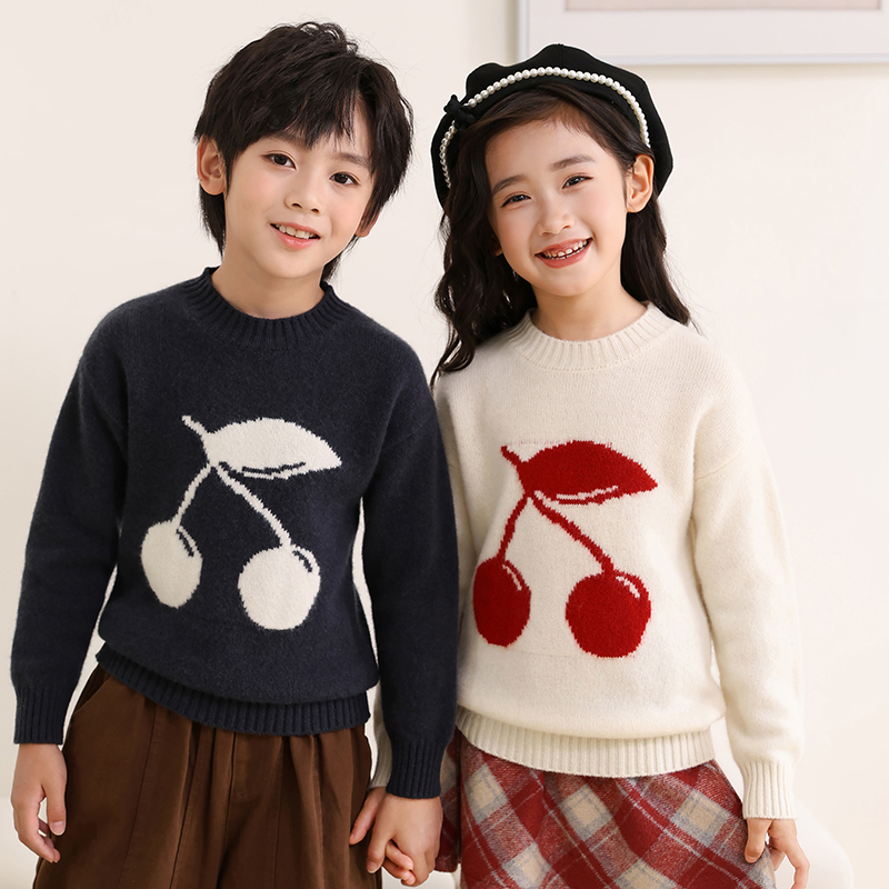 儿童羊毛衫打底爆款男女童小樱桃提花图案时尚大气简约版加厚