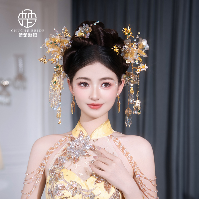 新中式龙凤褂造型发饰秀禾服新娘头饰金色高级感水晶花朵超仙发簪