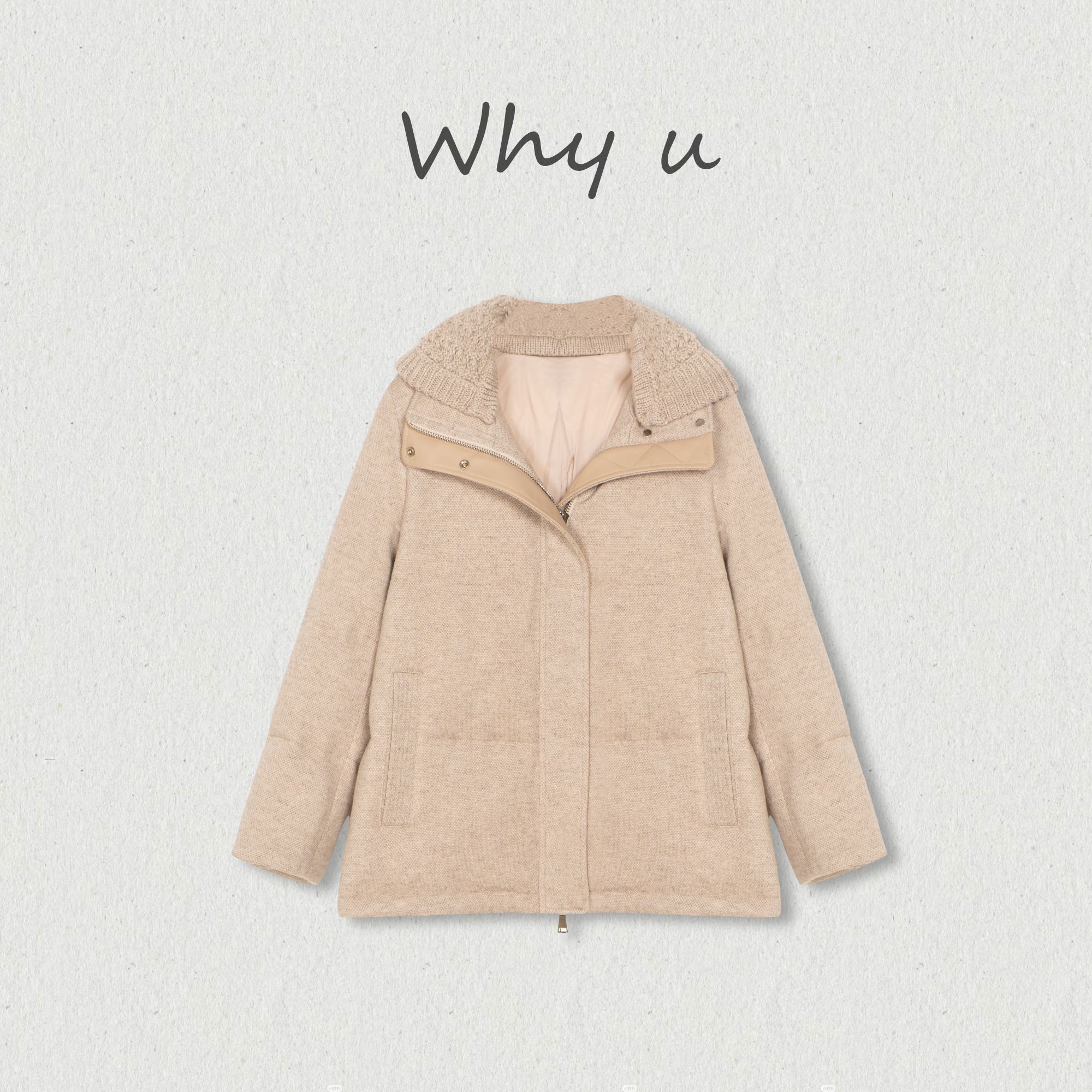WHY U-25AW绵羊皮拼接羊毛混纺可拆卸连帽针织鹅绒羽绒服【上喜】