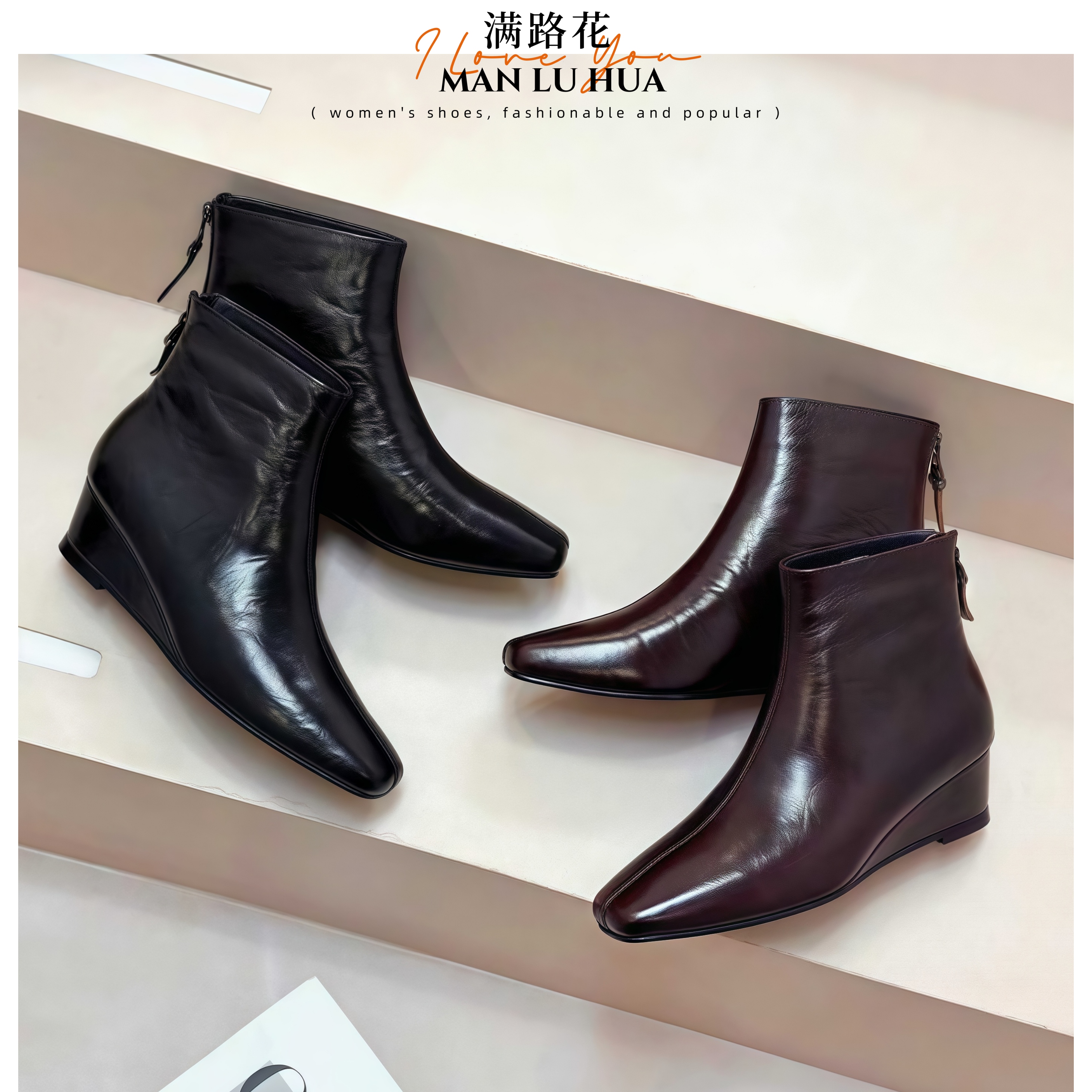 头层牛皮短靴女坡跟法式方头短筒瘦瘦靴冬季加绒气质时尚中跟软底