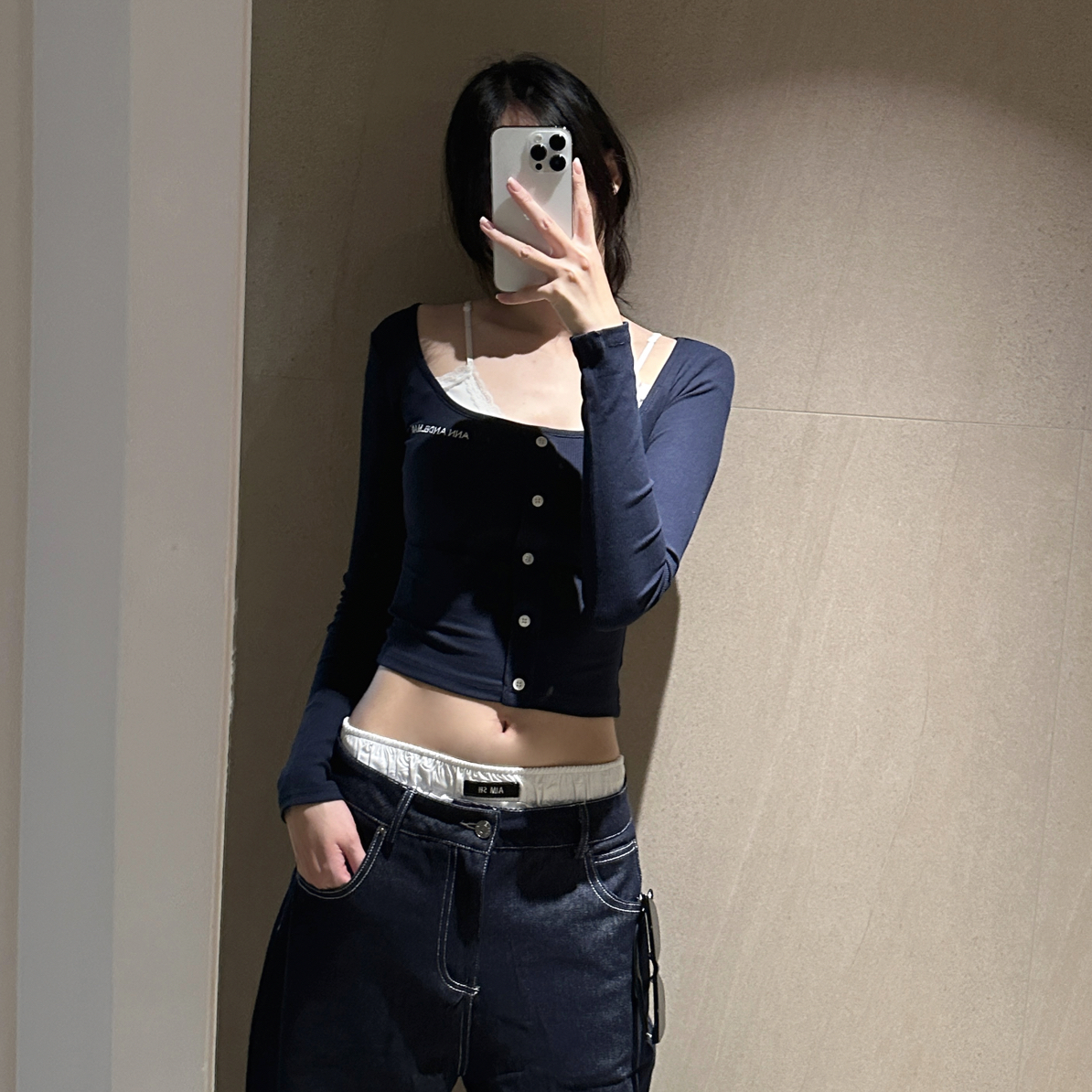 gaogao～新品蕾丝肩带拼接修身辣妹假两件长袖