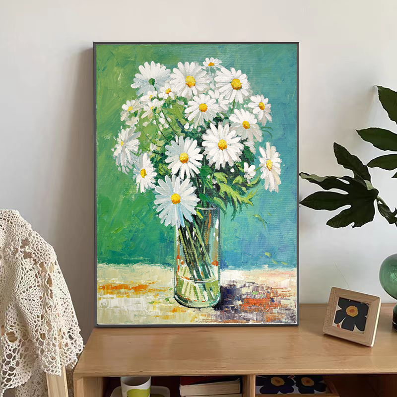 纯手绘油画《小雏菊》小清新静物花卉客餐厅过道走廊现代装饰画
