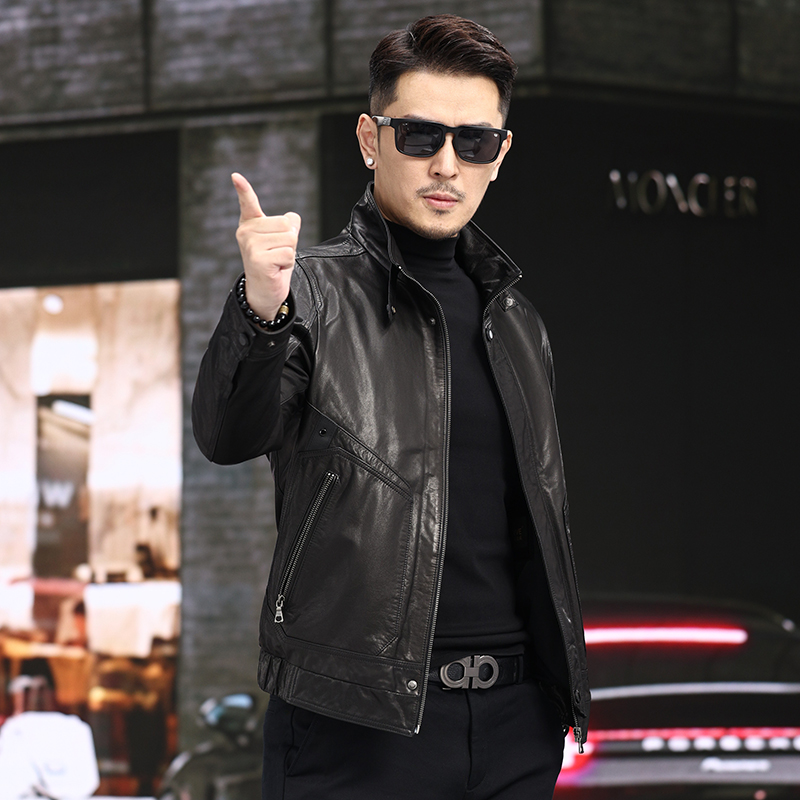 海宁真皮皮衣男头层牛皮美式海宁港风立领皮夹克青年修身外套