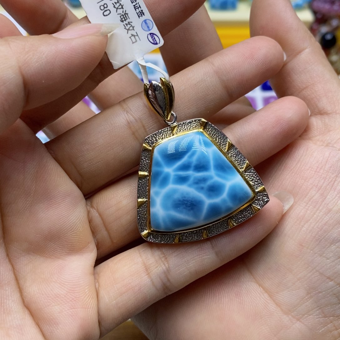 针钠钙石（海纹石）银S925镶嵌颈饰