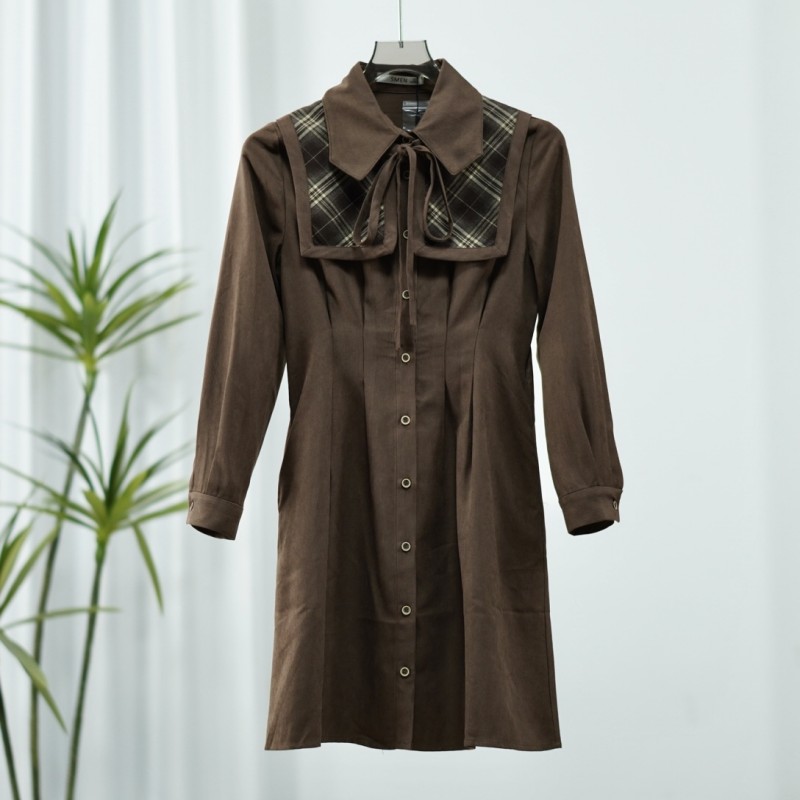 【诗M】O-429   女装气质翻领拼接连衣裙咖啡色2587622T