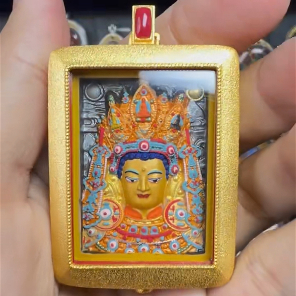 黄铜手绘双面彩绘擦擦唐卡吊坠五爷觉沃黄财绿度母母