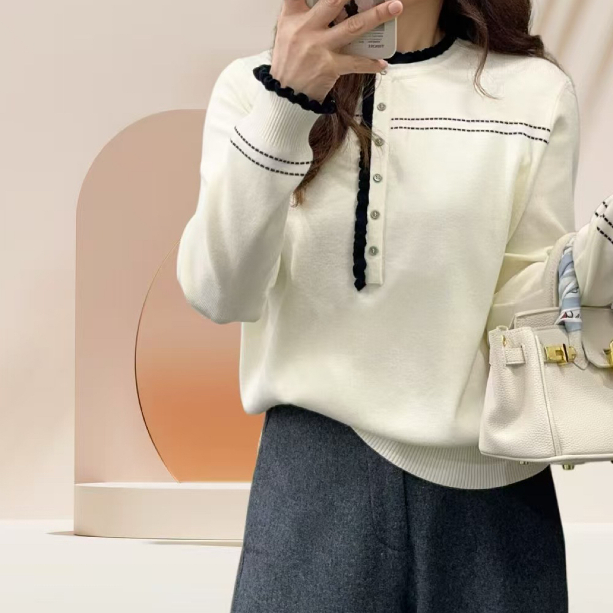 纯衫拼接花边蕾丝领针织打底衫女秋冬内搭毛衣百搭保暖