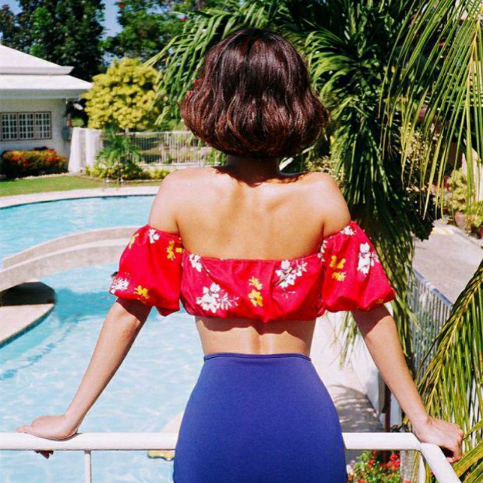 复古印花分体可爱泡泡袖高腰遮肚显瘦度假泳衣