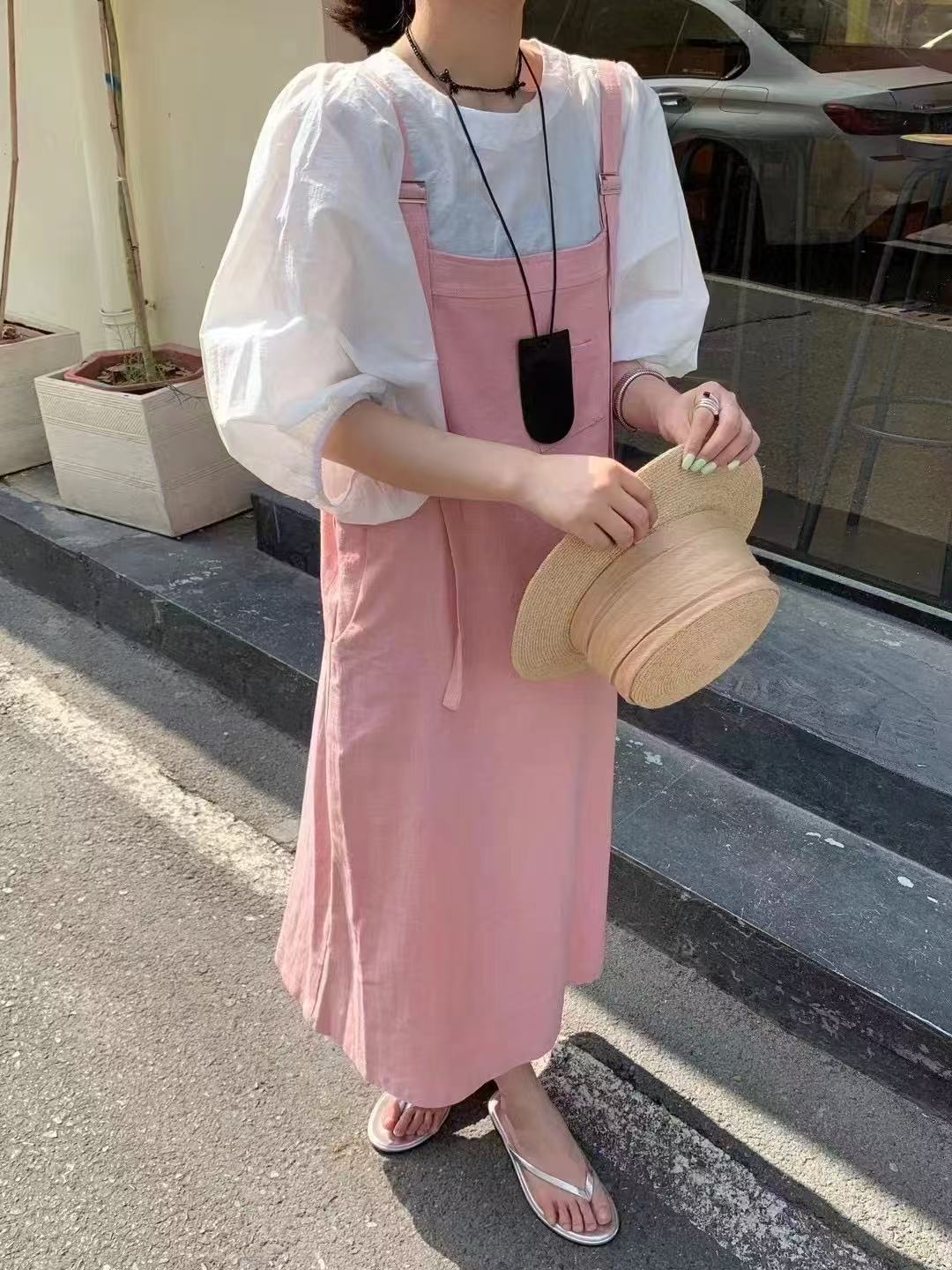 夏季新款白色圆领短袖衬衫女吊带长款连衣裙两件套