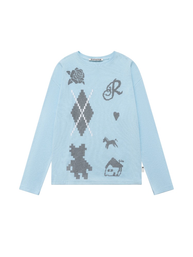 河岸家RAPHOTOS 绒绒软软奶蓝色软糯泡芙松弛感长袖费尔岛宽松T恤
