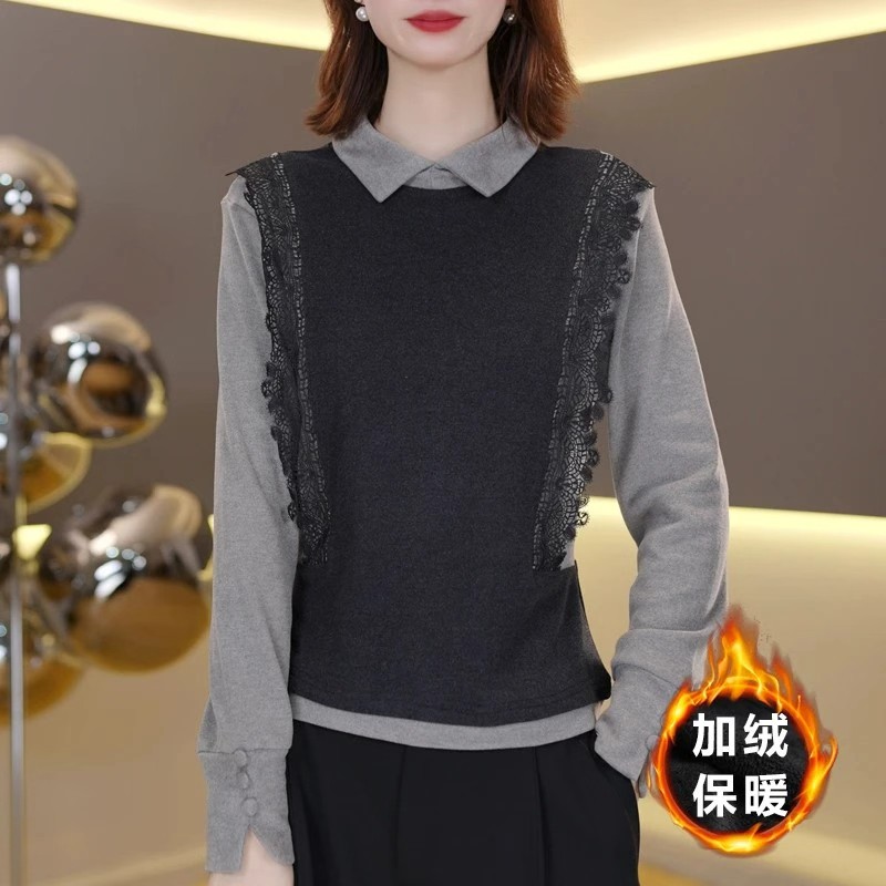 法式拼接蕾丝抗起球字母常规T恤显瘦时尚打底衫保暖加绒L5969