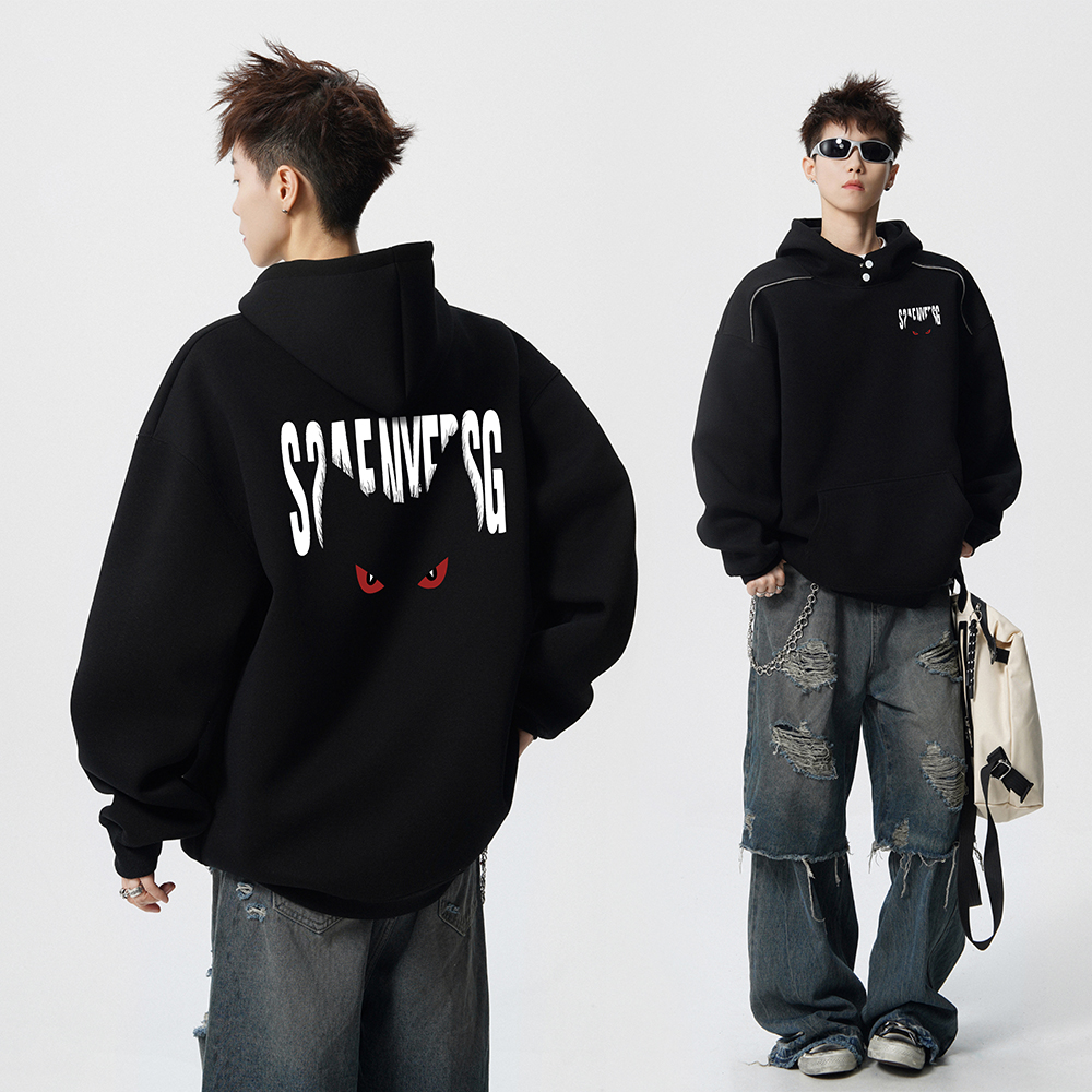 BBXX 500g重磅加绒美式小恶魔连帽卫衣男宽松潮牌情侣帽衫外套