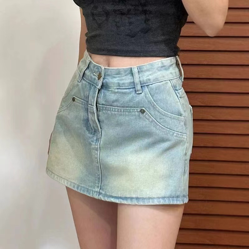 0010复古做旧浅蓝色牛仔半身裙女高腰包臀短裙