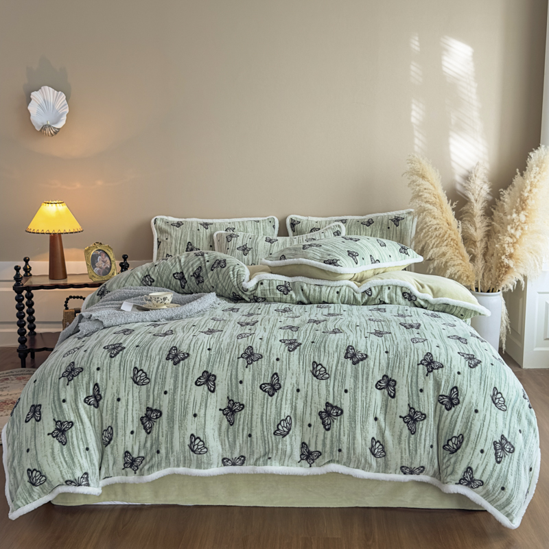 雕花绒牛奶绒包边加厚加绒A类四件套冬季保暖床上用品-蝴蝶纷飞