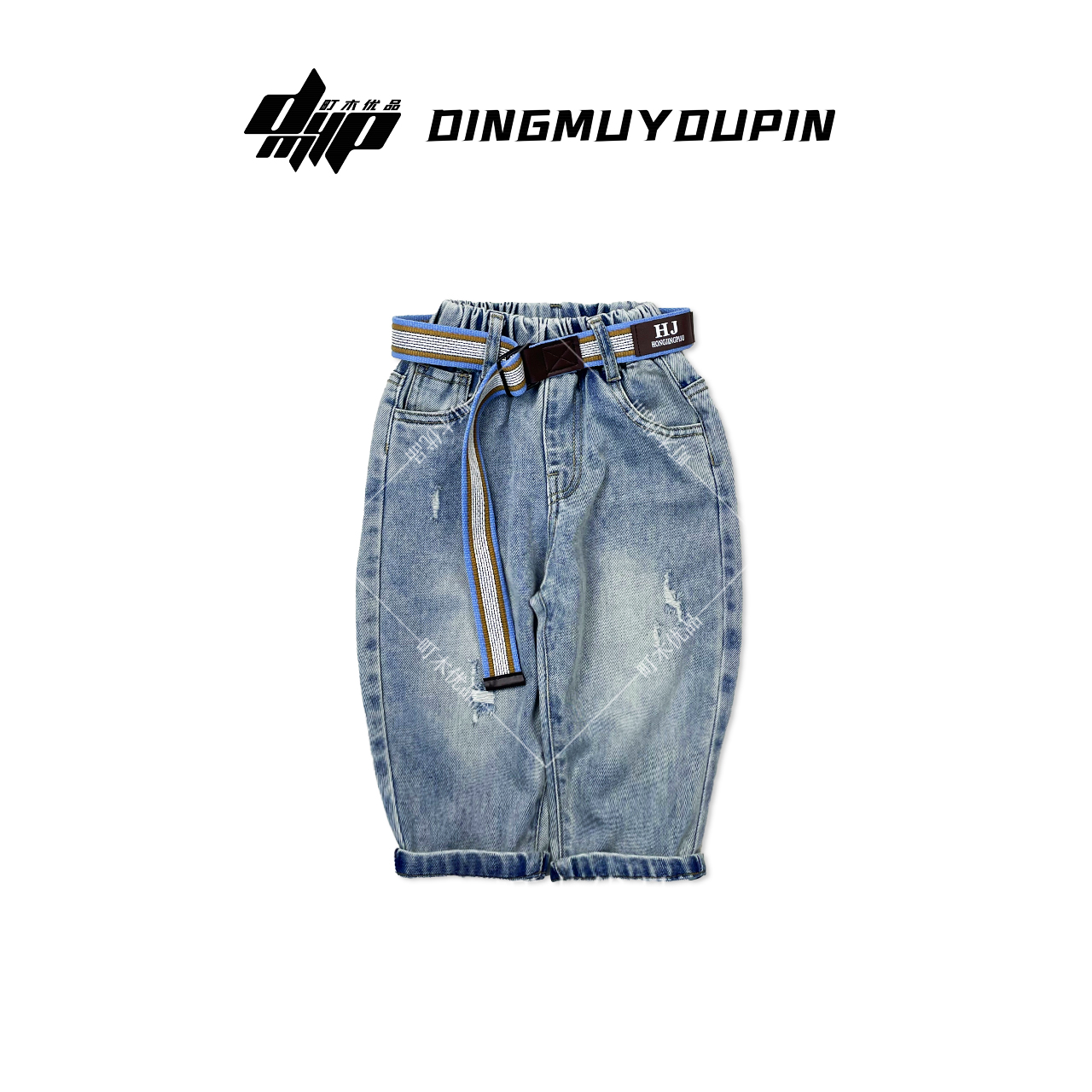 【町木优品】儿童春夏男童新款腰带小狗字母印花百搭牛仔裤 K1810