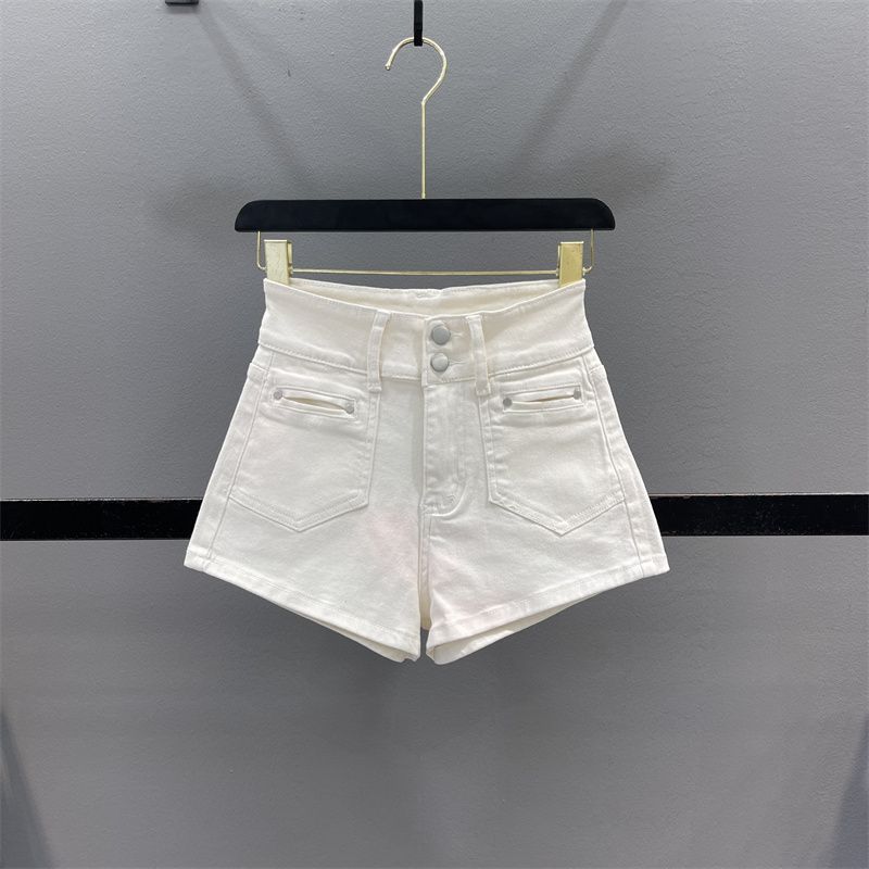 米白色休闲牛仔短裤女2025夏季两粒扣高腰弹力显瘦A字阔腿热裤潮