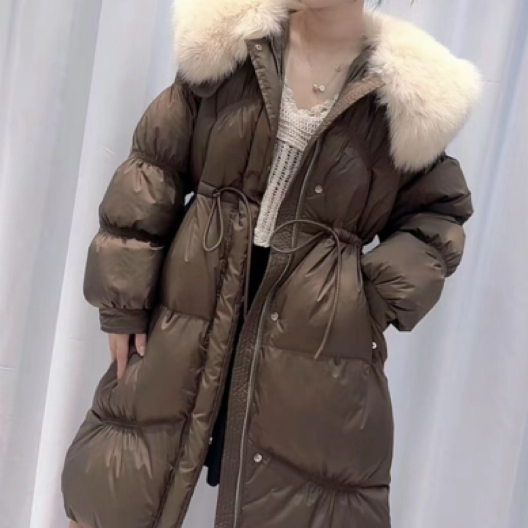 海军领狐狸毛领中长款鹅绒服