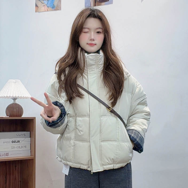 拼接格棉服女冬季2025新款加厚保暖棉衣立领外套夹棉面包服通X-*9
