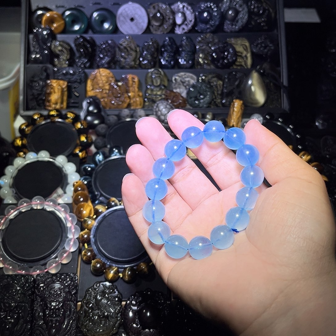 黑曜岩未镶嵌手链华*道海蓝宝14m