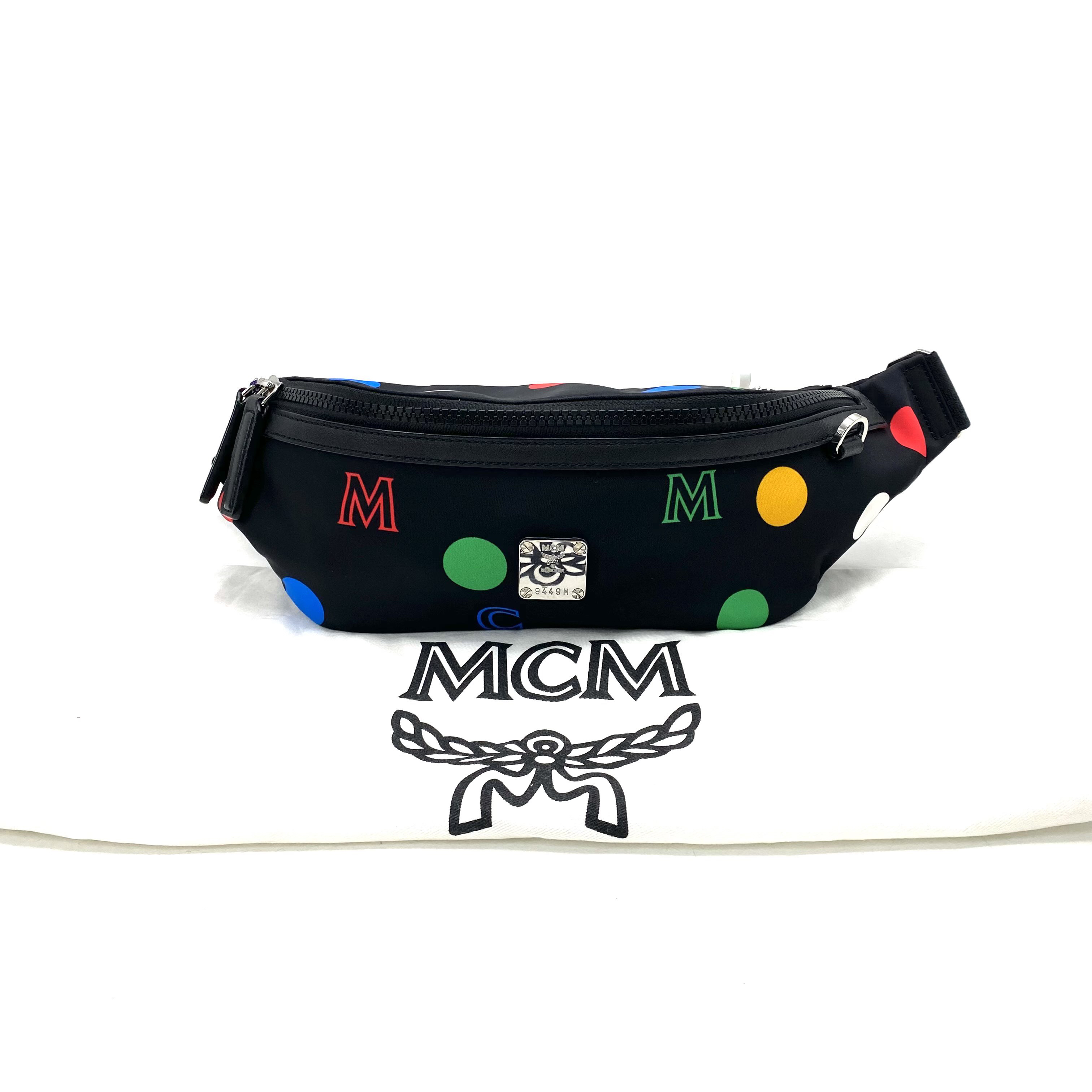 99新 MCM 黑色帆布波点胸腰包 尺寸38/13 