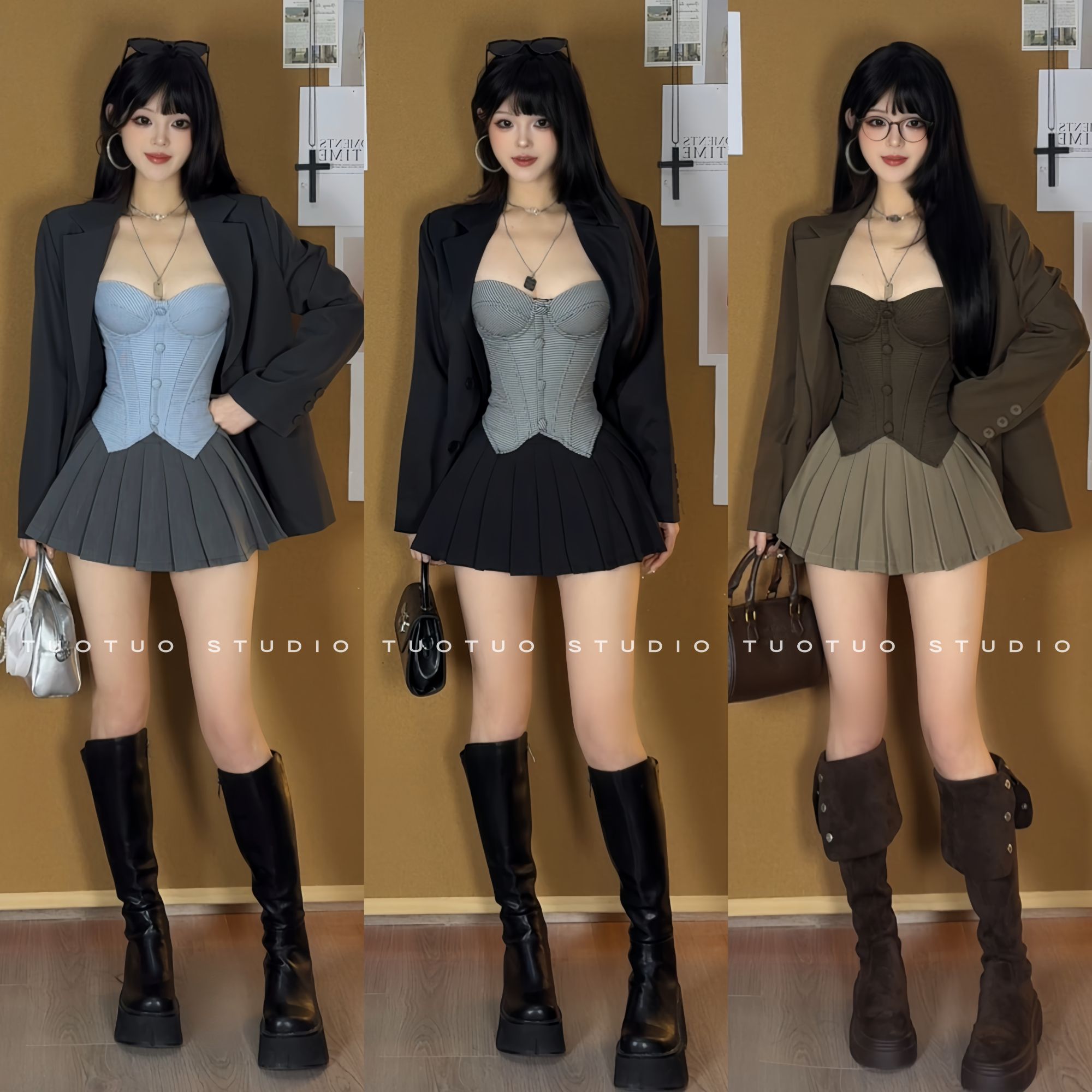 秋季新品「不良学姐」鱼骨胸衣西装外套裙裤百褶短裙学院风辣妹套装