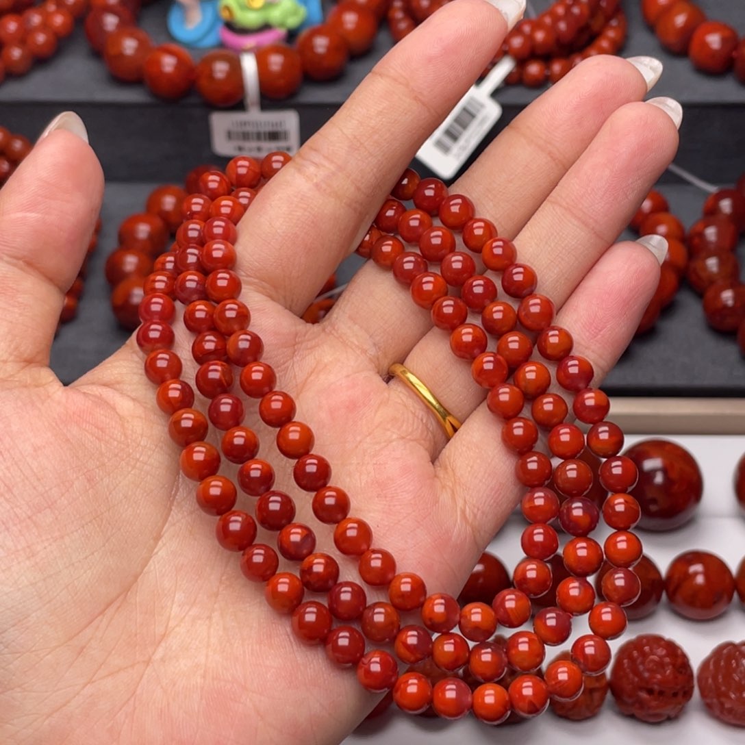 南红玛瑙未镶嵌手串Y6mm收藏妖柿子牛血双色长链