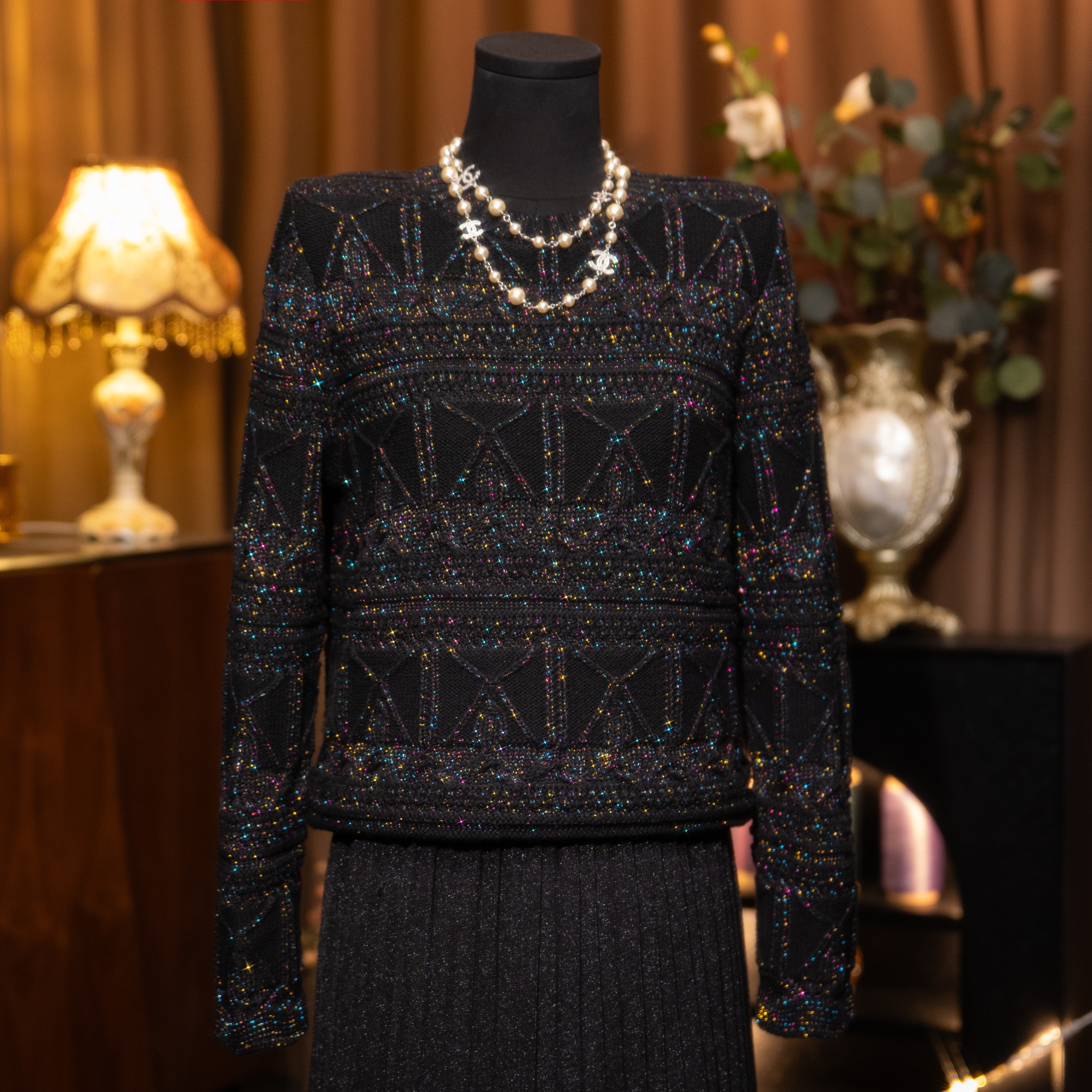 【暗幕星芒】毛针织衫时尚冬季女宽松型长袖不起球黑色粗花呢