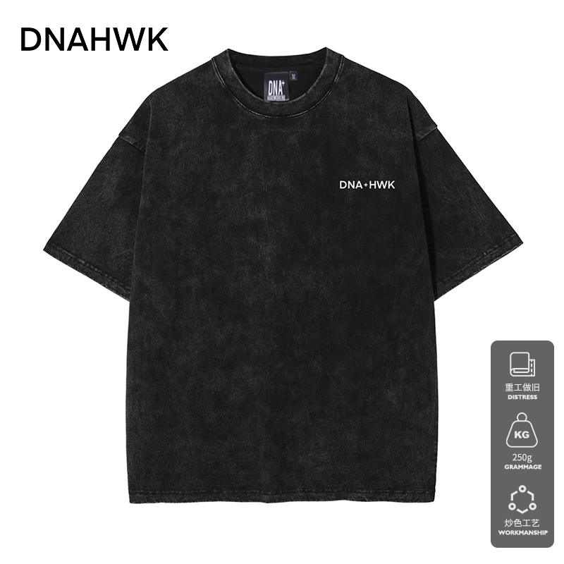 DNAHWK原创美式重磅宽松圆领水洗做旧复古百搭夏运动棉训练短袖T
